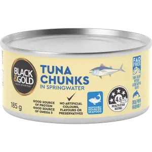 Black & Gold Tuna Chunks In Springwater 185g