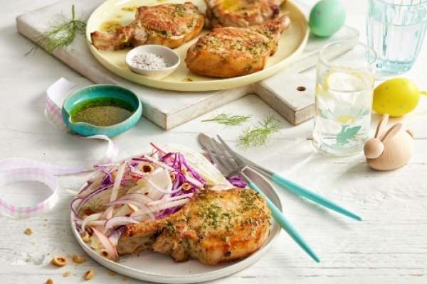 Lemon and Rosemary Pork Chop with Apple, Fennel, Red Cabbage Slaw