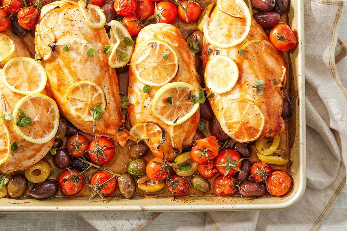 Tomato and Olive Roasted chicken Overhead Tray